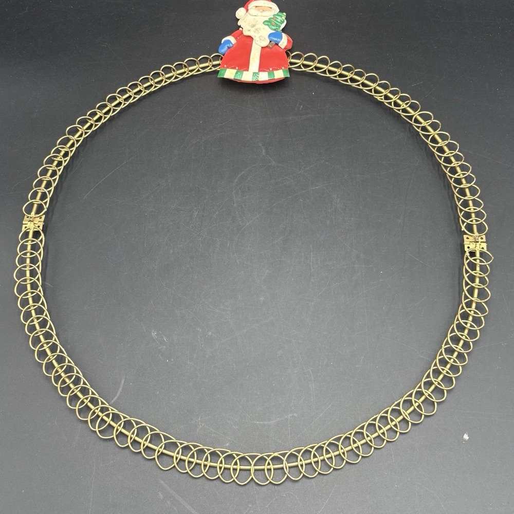 Vintage 15" Gold Tone Wire Wreath Christmas Card Holder With Clay Santa On Top